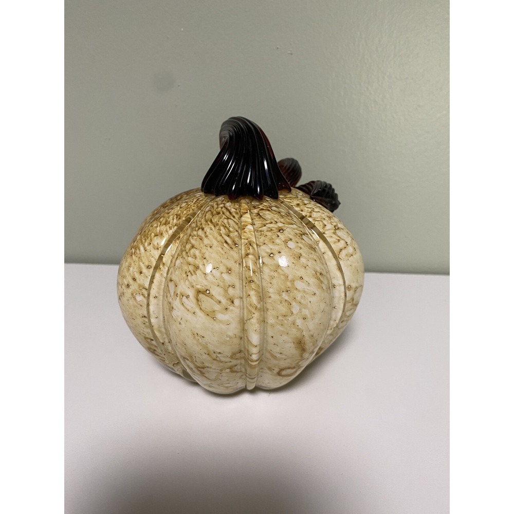 Hand blown Glass Pumpkin Neutrals Brown Amber Yellow Speckled Excellent! - Picture 4 of 8
